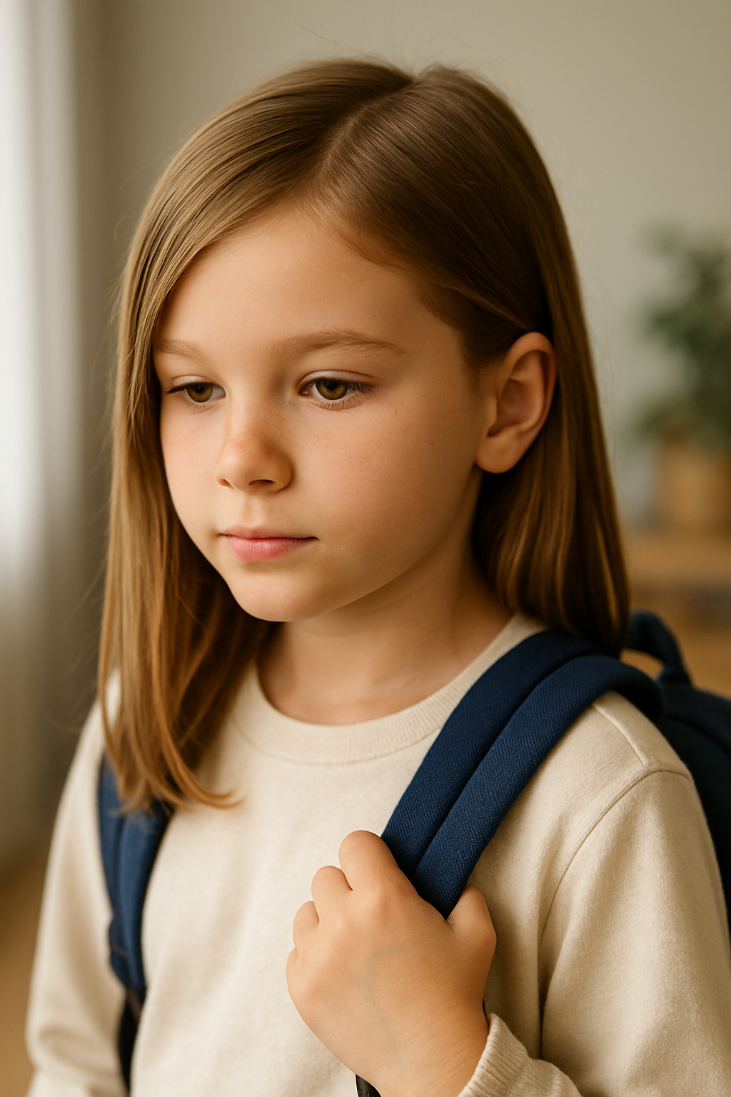 A child with straight hair and a side part, wearing a beige sweater and holding a backpack.