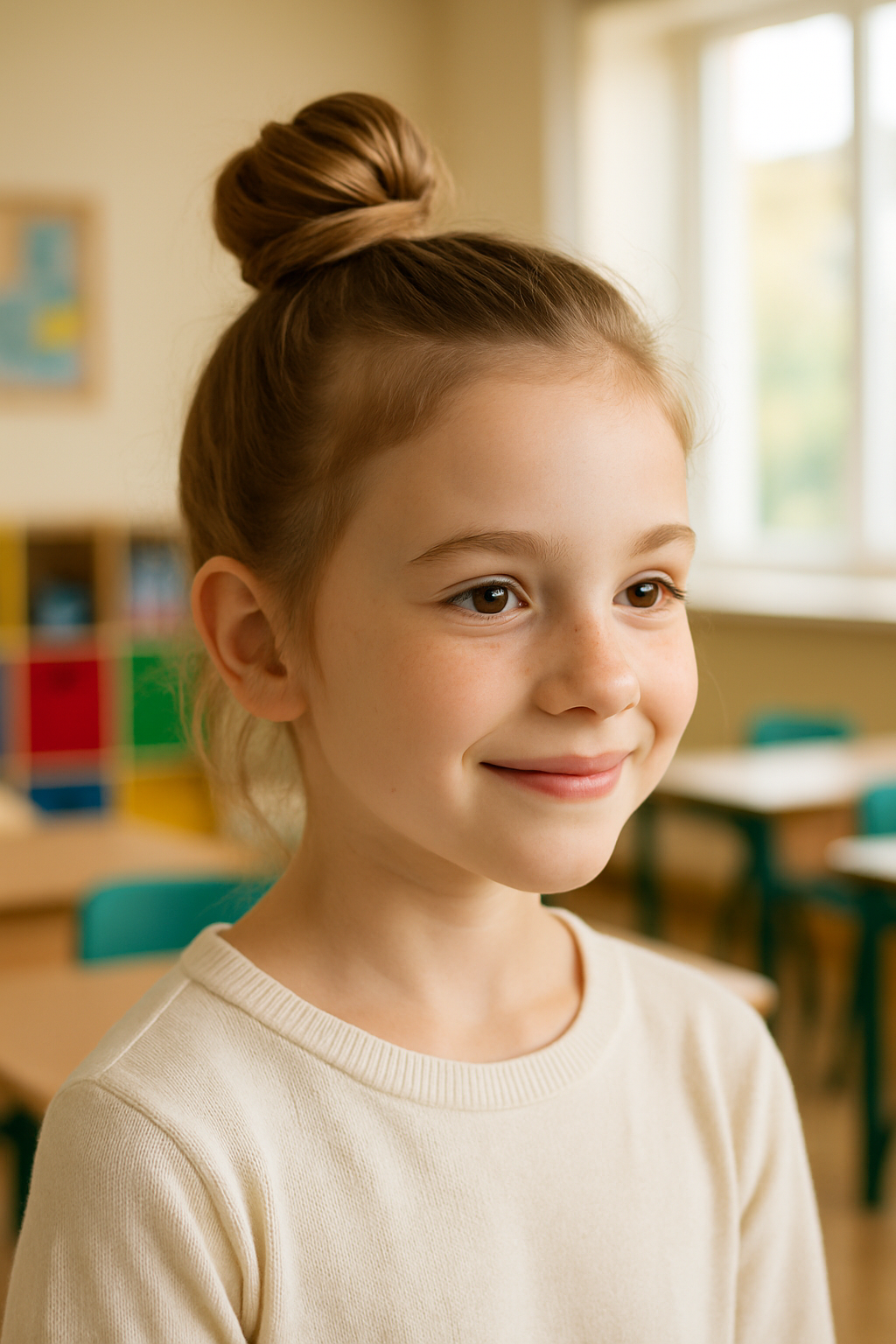 A young girl with a simple top knot hairstyle, smiling in a classroom setting.