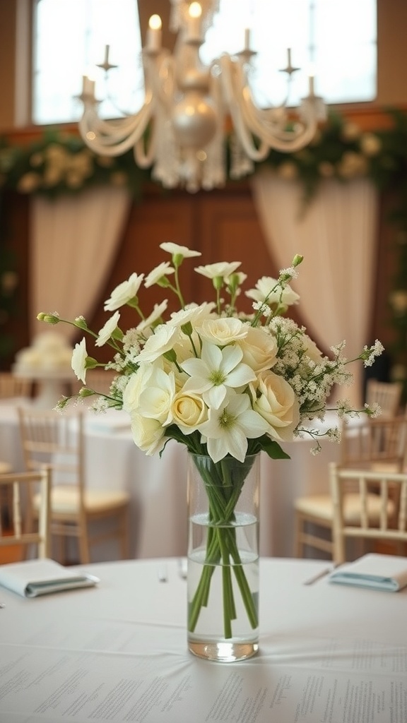 A simple white floral centerpiece with roses and lilies in a clear vase