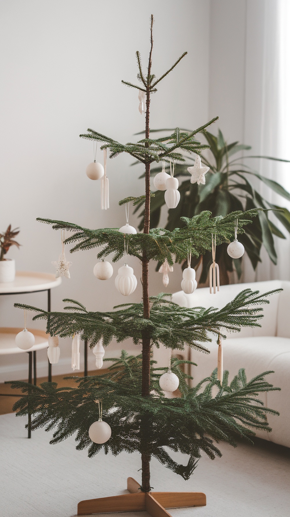 A minimalist Christmas tree decorated with simple white ornaments.