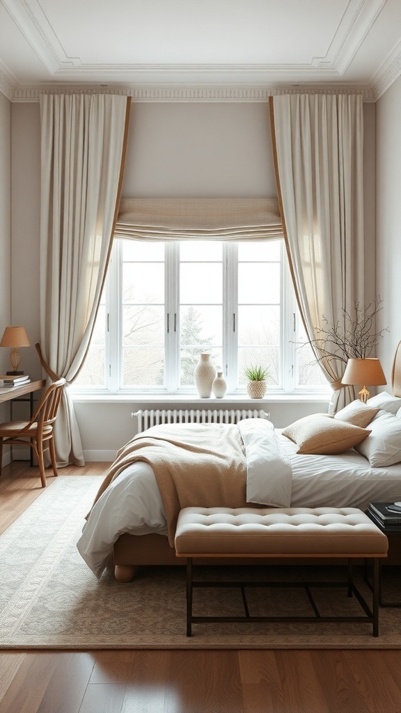A minimalist bedroom featuring simple window treatments with soft curtains and a roman shade.