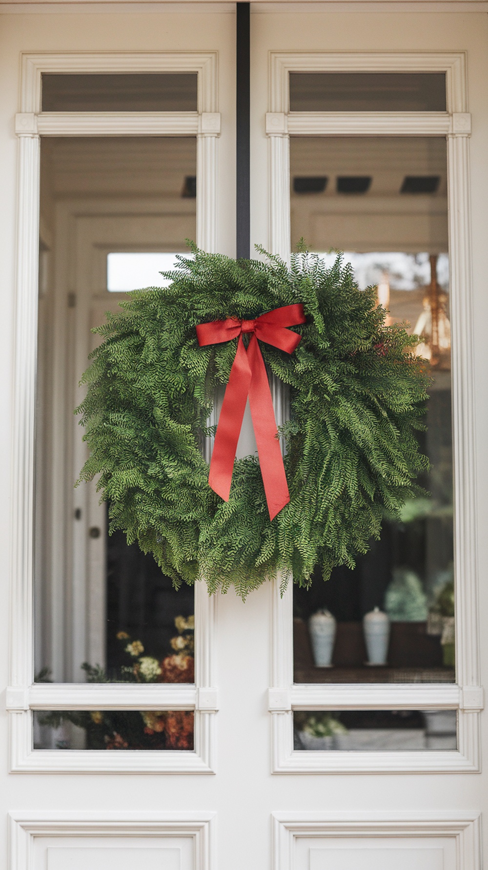 A simple greenery wreath with a red ribbon hanging on a white door.