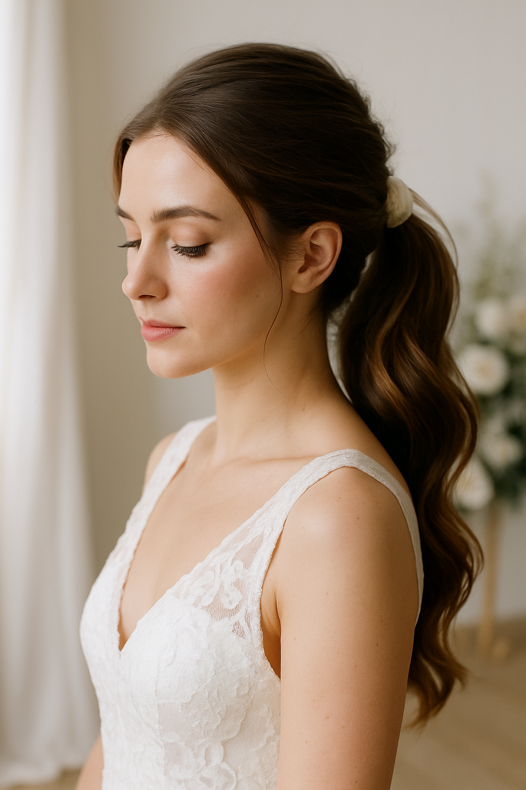 A bride with a simple ponytail hairstyle adorned with a satin ribbon, wearing a lace wedding dress.