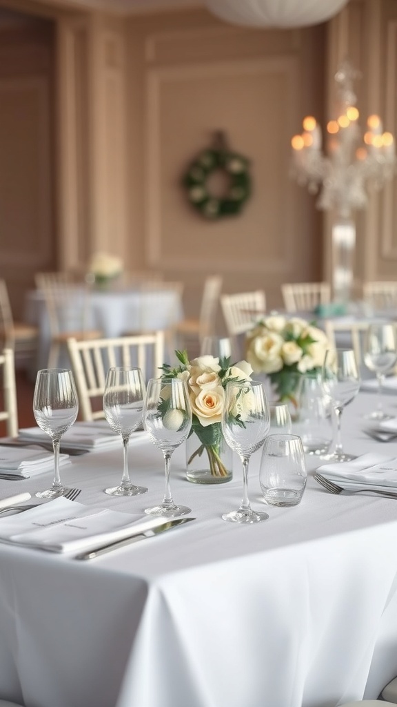 Elegant table setting with white roses and glassware at a wedding reception