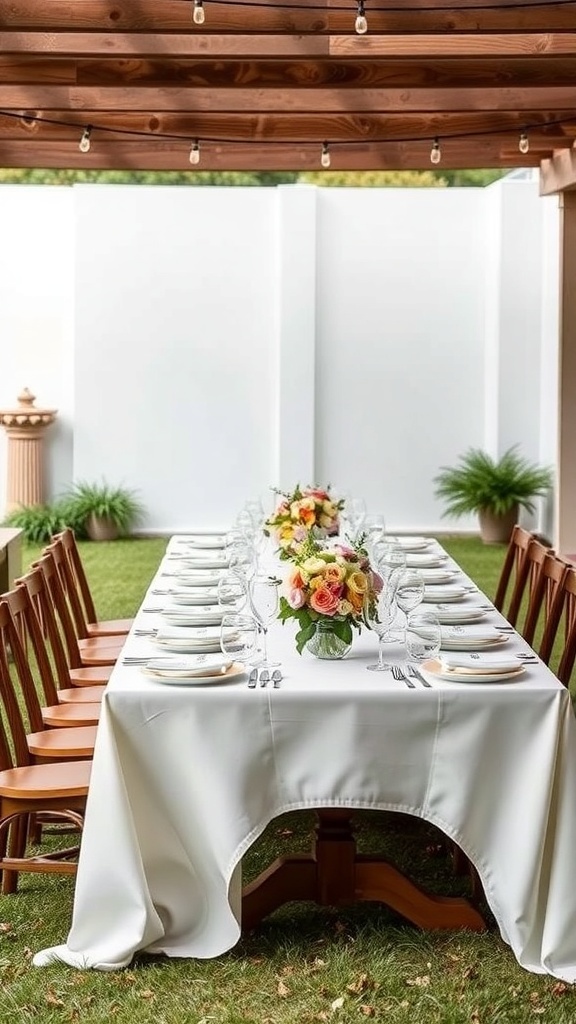 A simple yet elegant table setting for a backyard wedding with a floral centerpiece and wooden chairs.