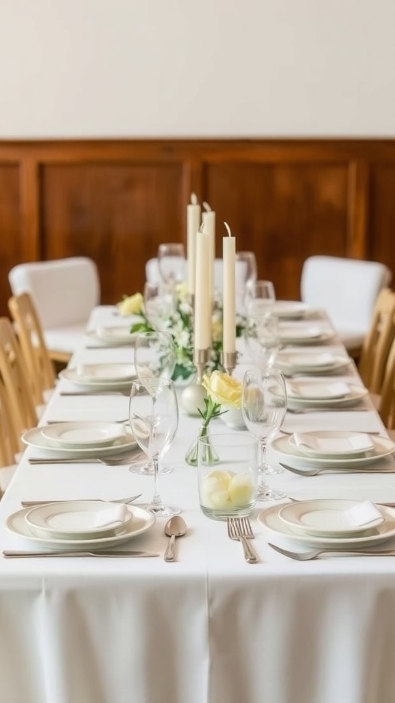 Elegant table setting with white tablecloth, plates, glassware, and candle centerpieces.