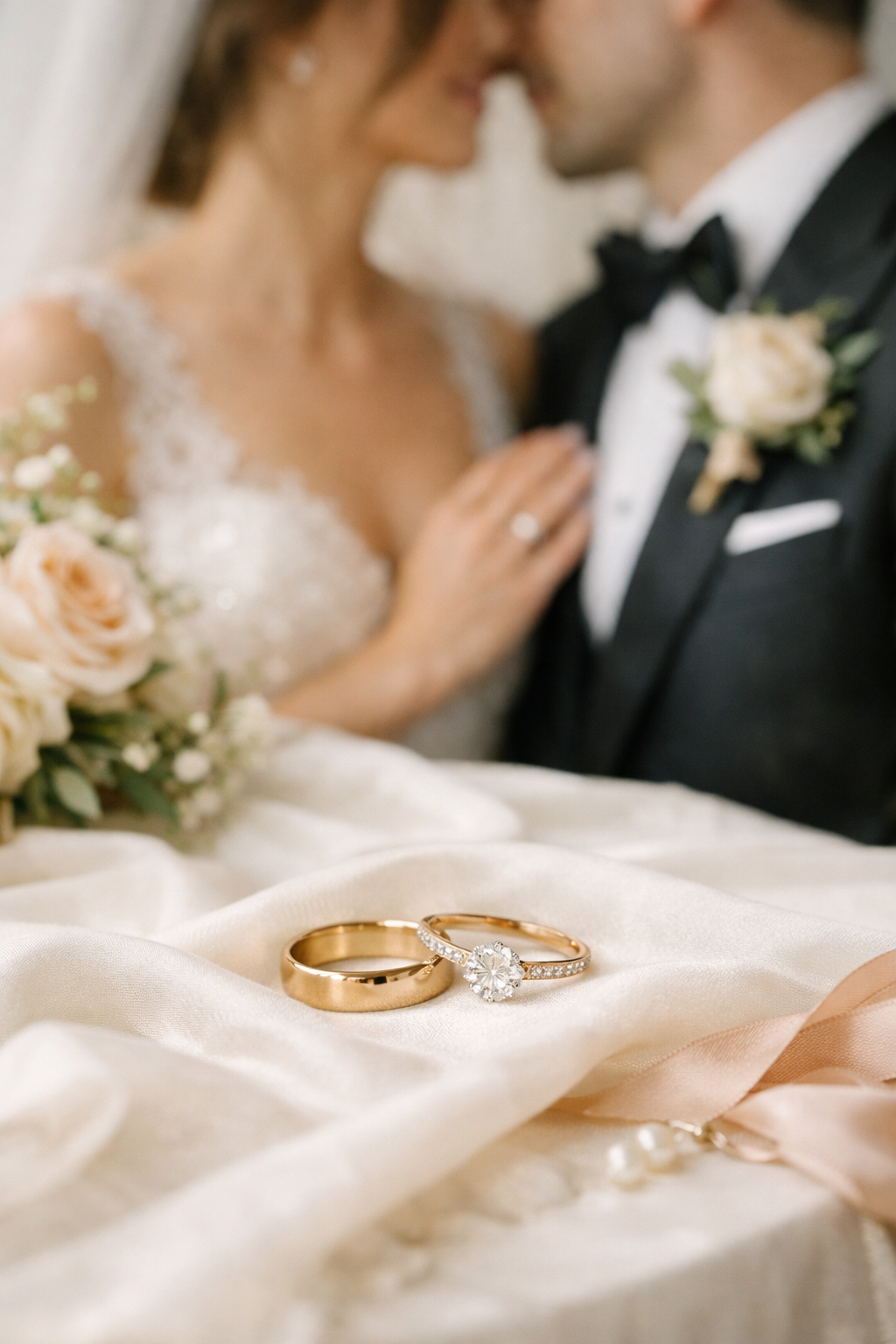 A close-up of wedding rings on soft fabric, featuring a classic gold band and an elegant engagement ring with a sparkling center stone.