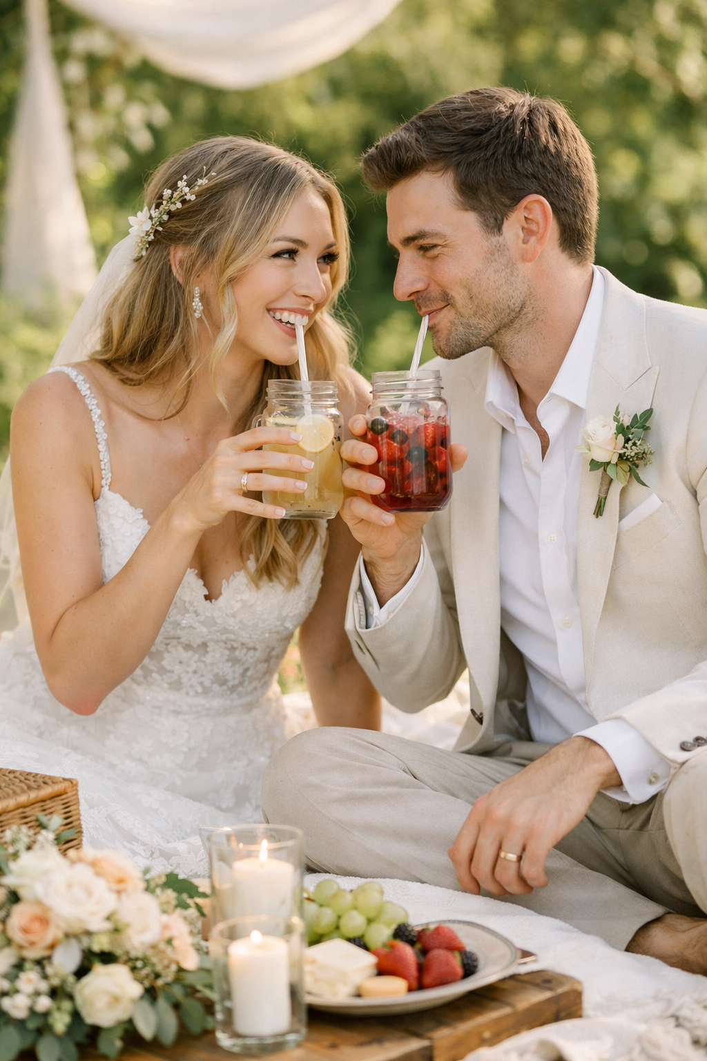 A couple happily sipping drinks from mason jars during a picnic engagement photo shoot.