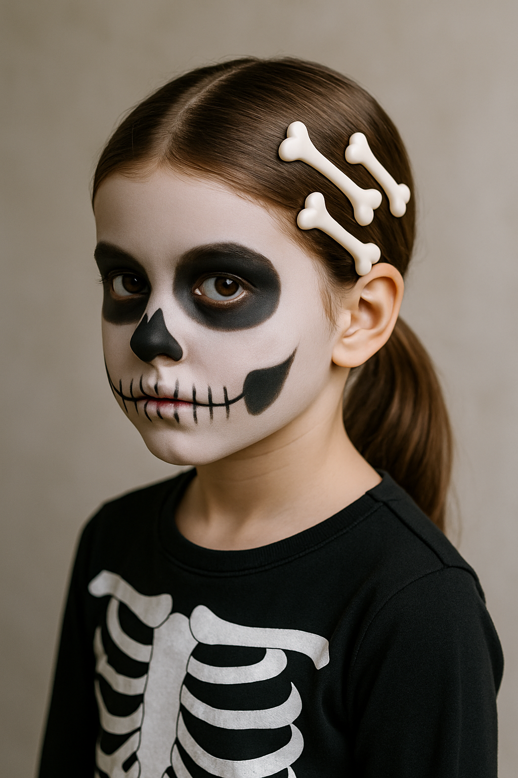 A child with skeleton-themed hair and bone clips, wearing skeleton face paint.