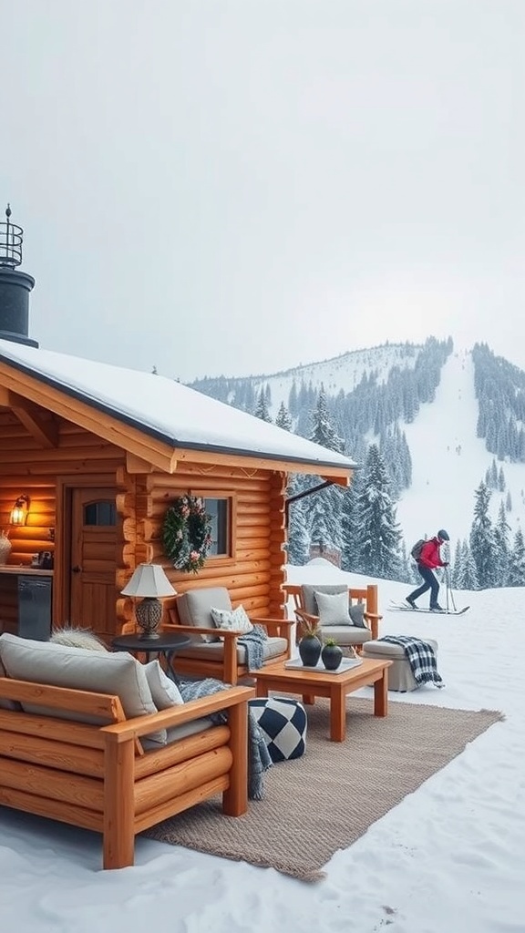A cozy wooden cabin in the snow with a person skiing in the background.