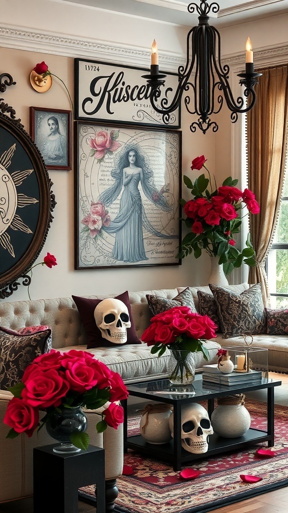 A romantic goth bedroom featuring skull and rose decor with vibrant red roses and skulls on display.