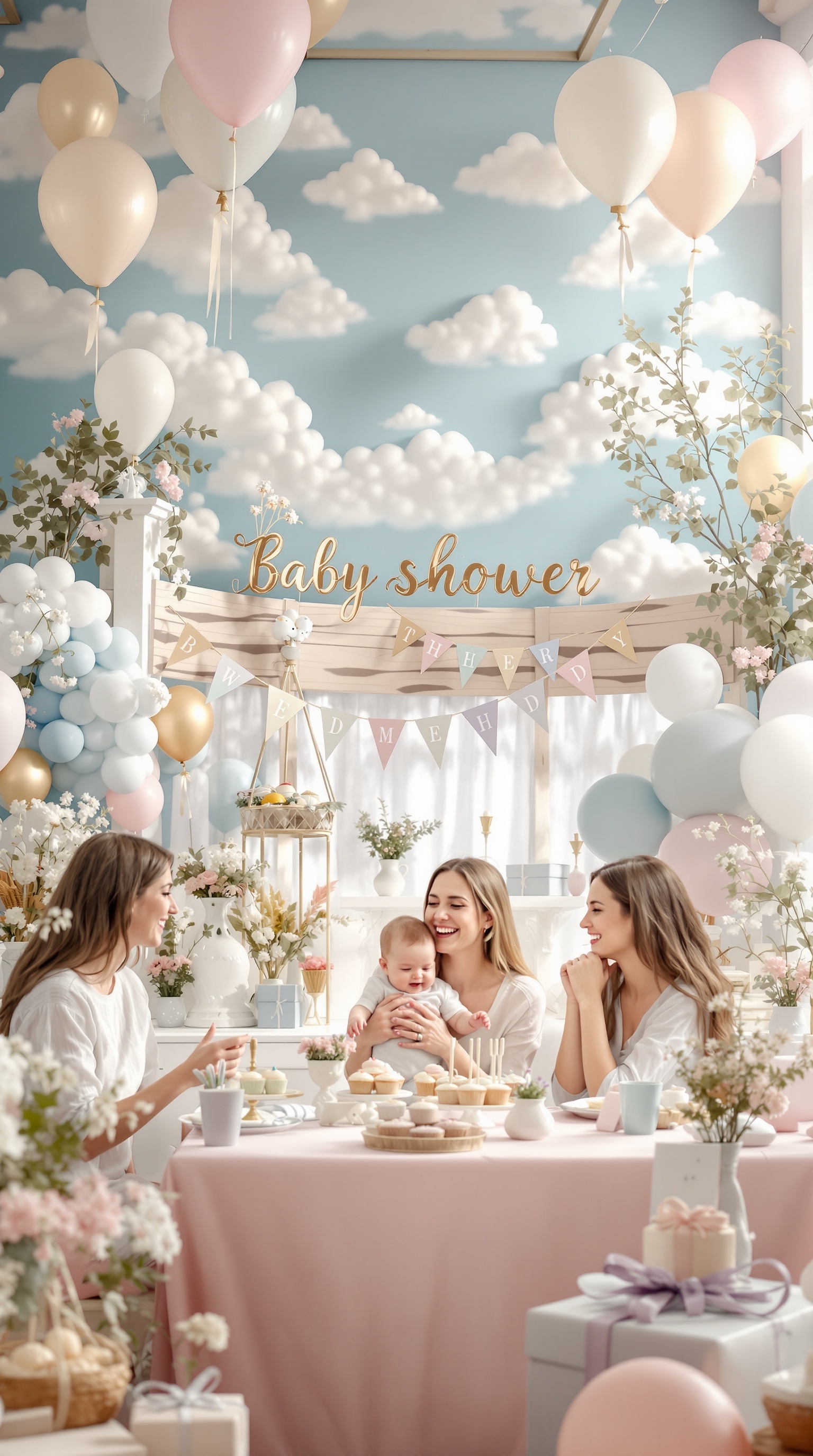 A beautifully decorated baby shower scene featuring balloons, soft colors, and a sky theme.