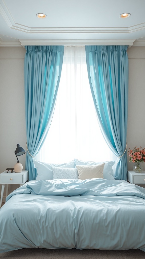 A pastel bedroom with sky blue curtains and soft lighting