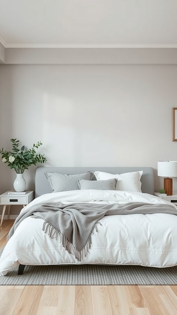 A calming bedroom with sky gray walls, a cozy bed with white bedding and a gray throw, and a plant on the nightstand.