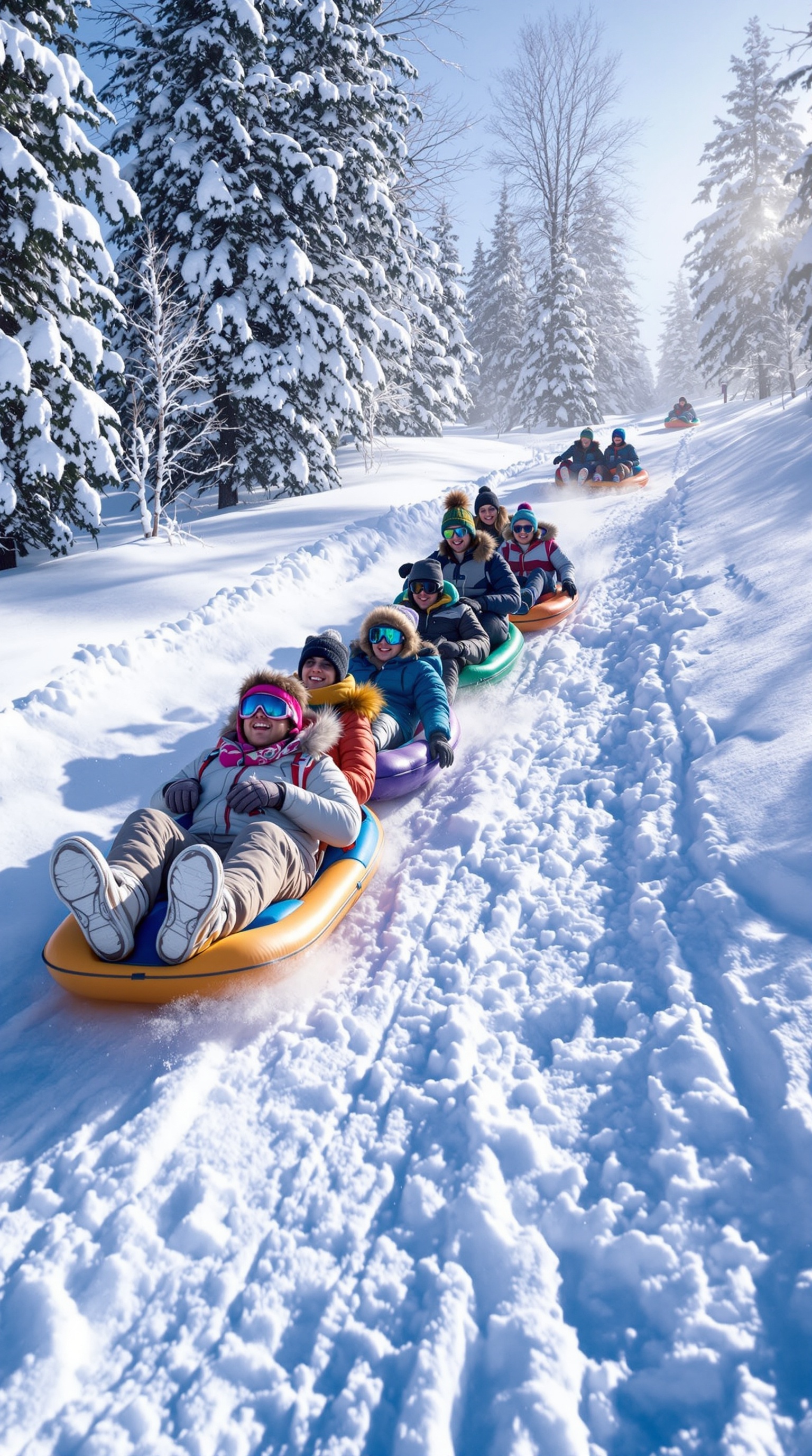 A snowy hill with people sledding, celebrating a gender reveal party.