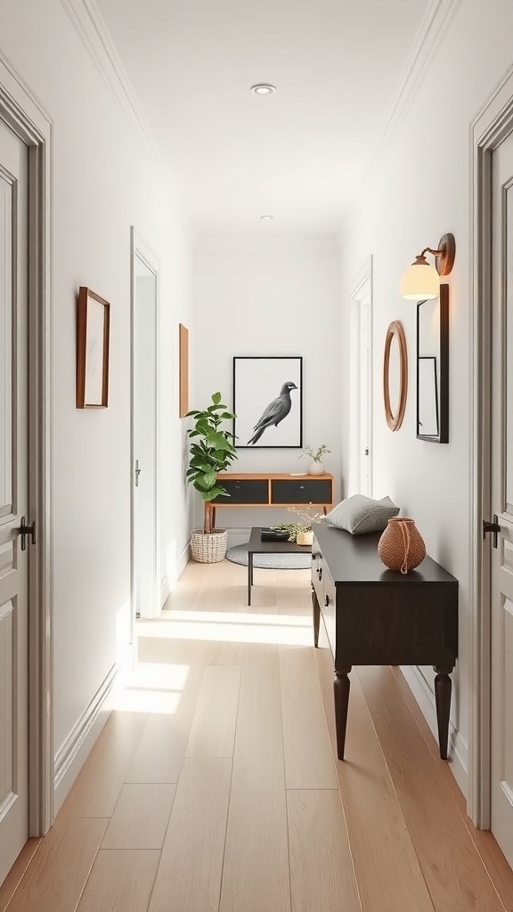 A sleek and minimalist hallway with white walls, wooden flooring, and simple decor.