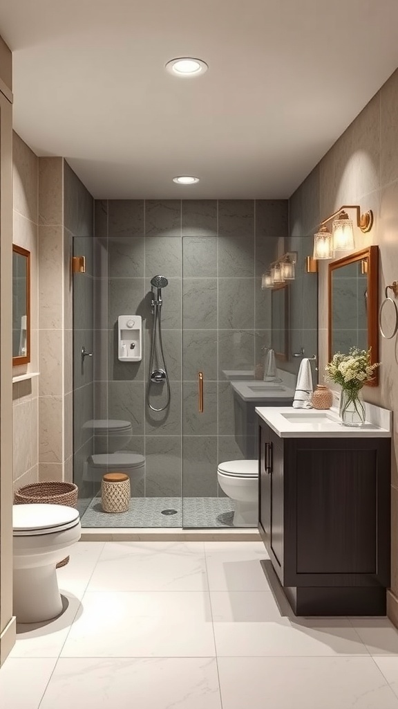 Modern bathroom with glass shower, dark vanity, and warm lighting