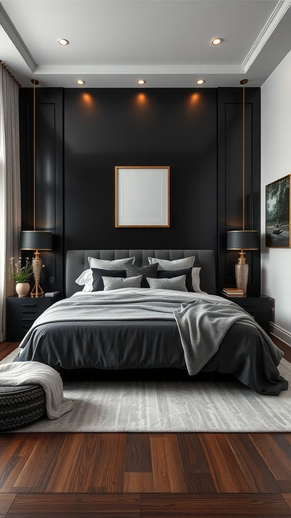 A cozy bedroom featuring a sleek black accent wall, stylish bedding, and warm wooden flooring.