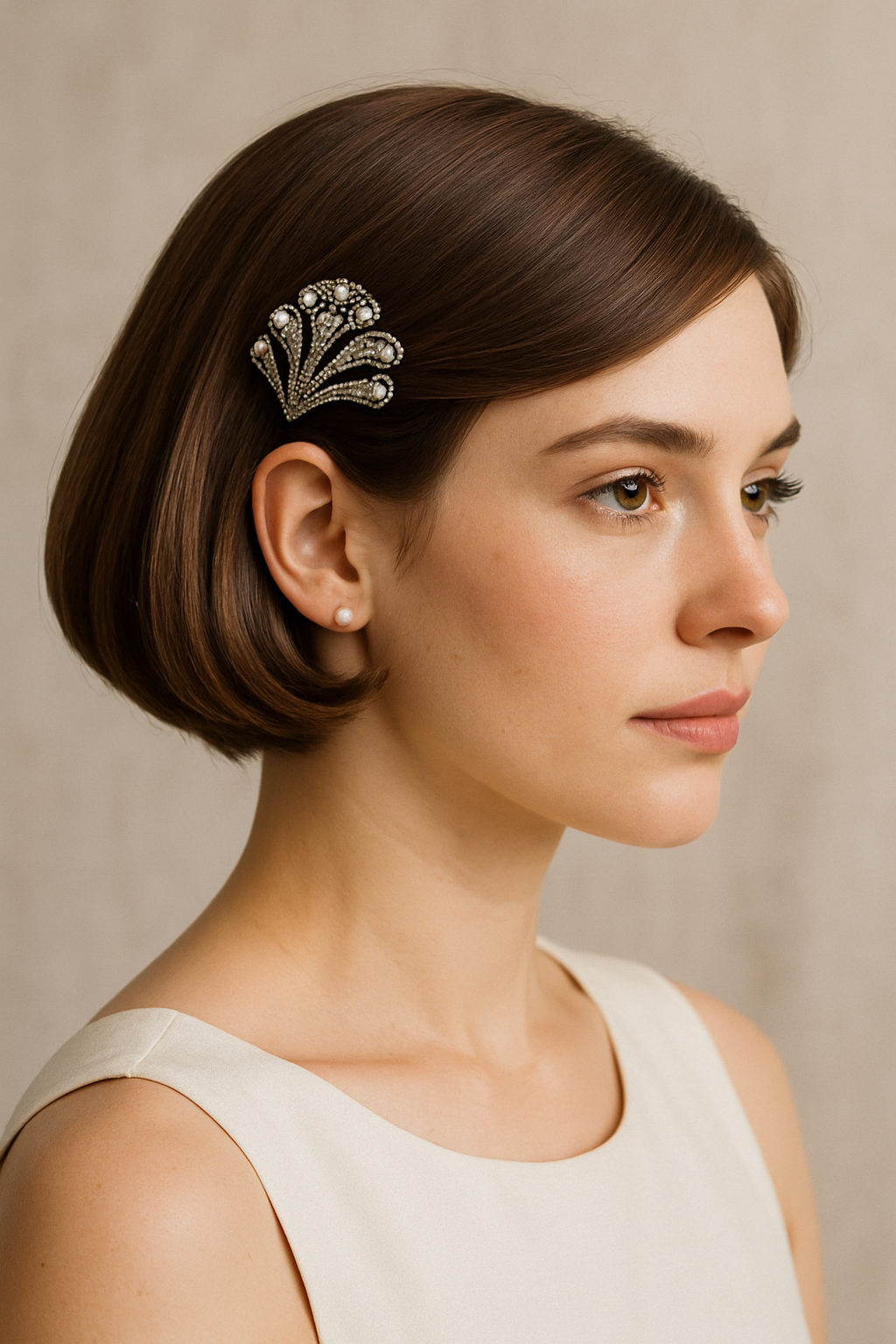 A woman with a sleek bob hairstyle adorned with a decorative comb.