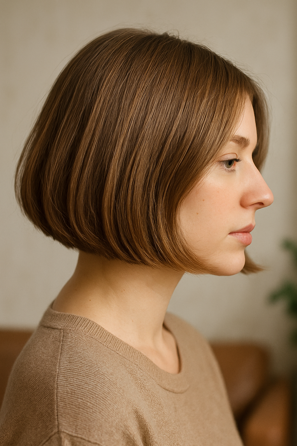 A woman with a sleek bob hairstyle, showcasing a simple and elegant look.