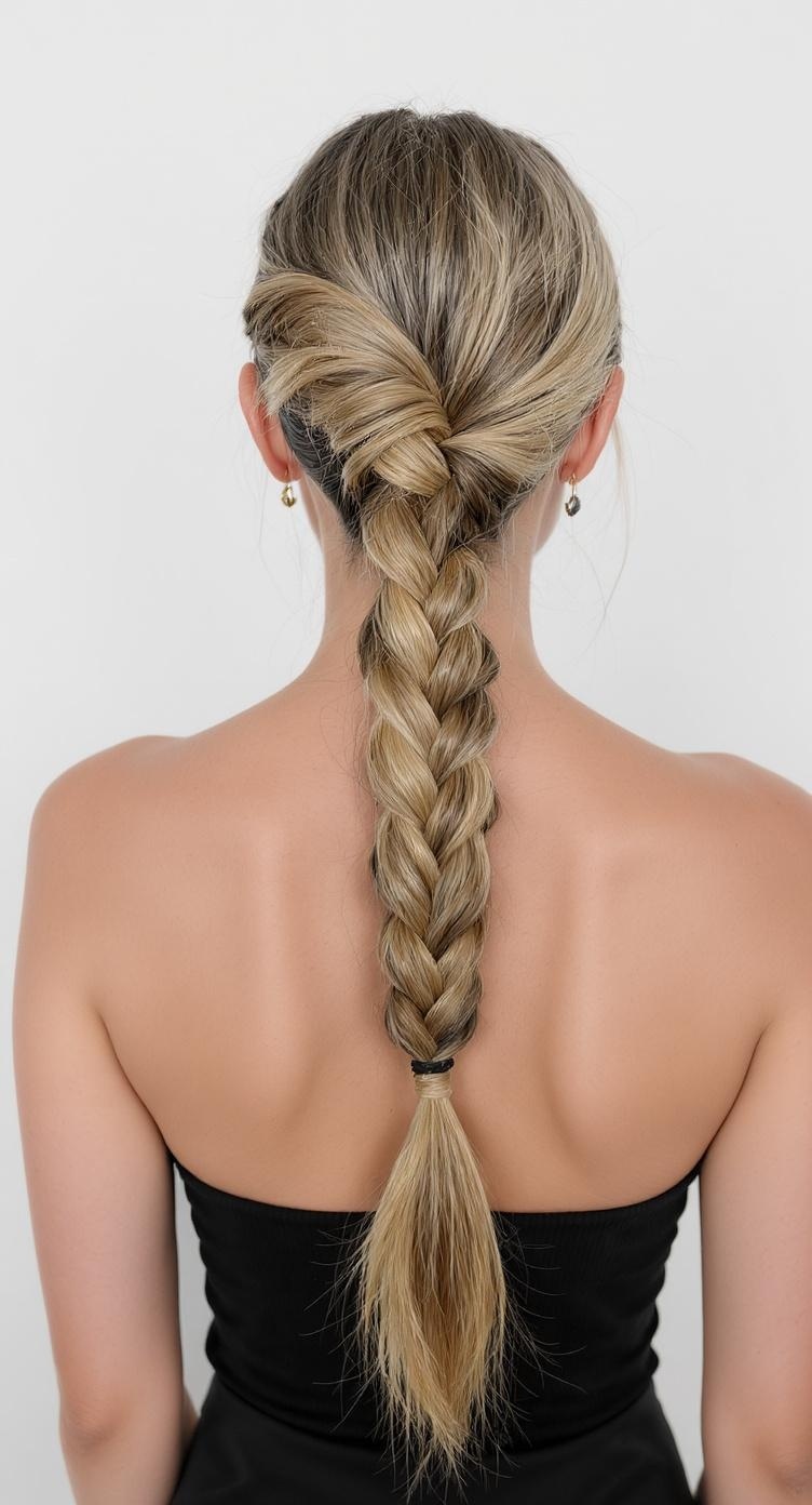 A sleek braided ponytail hairstyle, showcasing a neat braid and smooth finish.