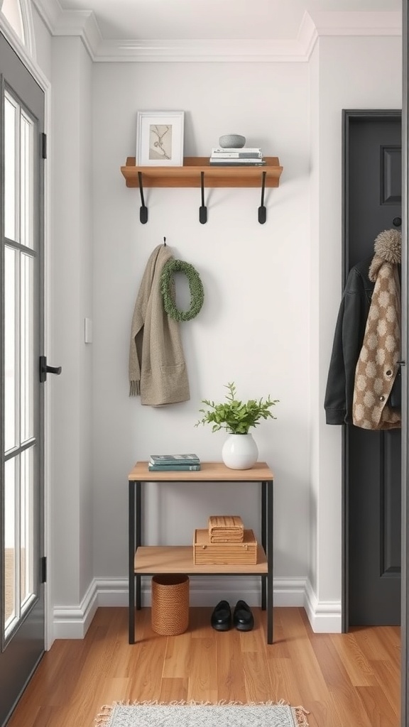 A sleek coat rack in a small entryway with a wooden shelf, hooks for coats, and a small plant.