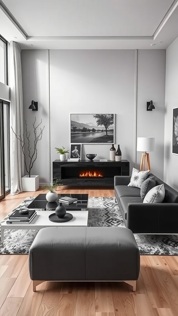 A sleek contemporary living room featuring a black and white color scheme with modern furniture and decor.