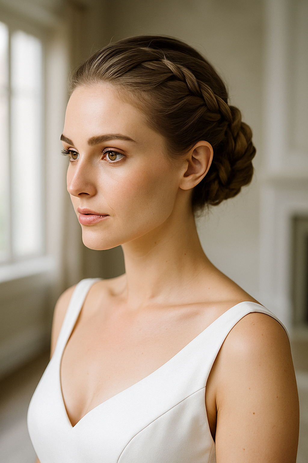A bride with a sleek Dutch braid updo, showcasing a polished hairstyle.