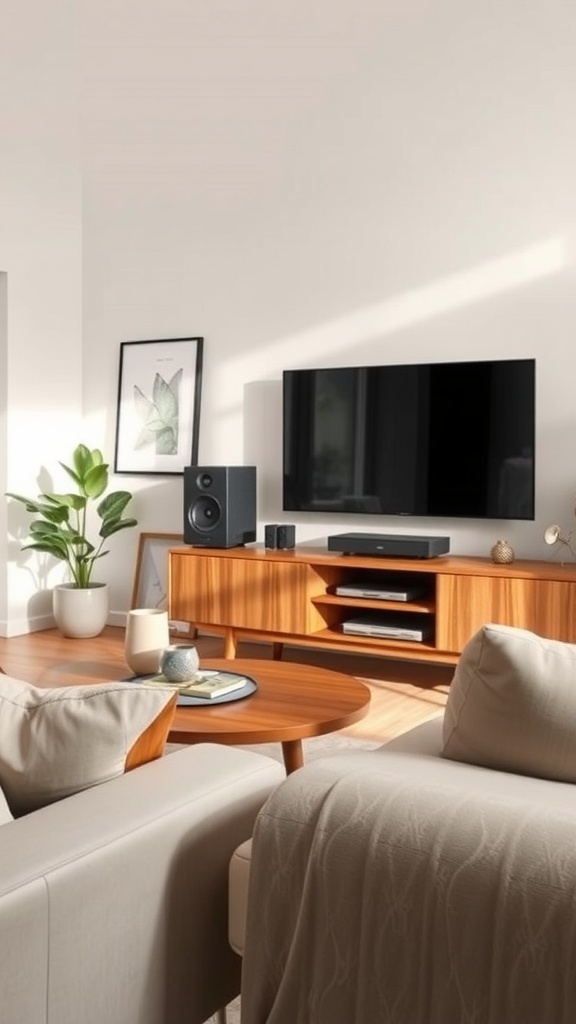A cozy mid-century modern living room featuring a sleek wooden entertainment center with a flat-screen TV and speakers.