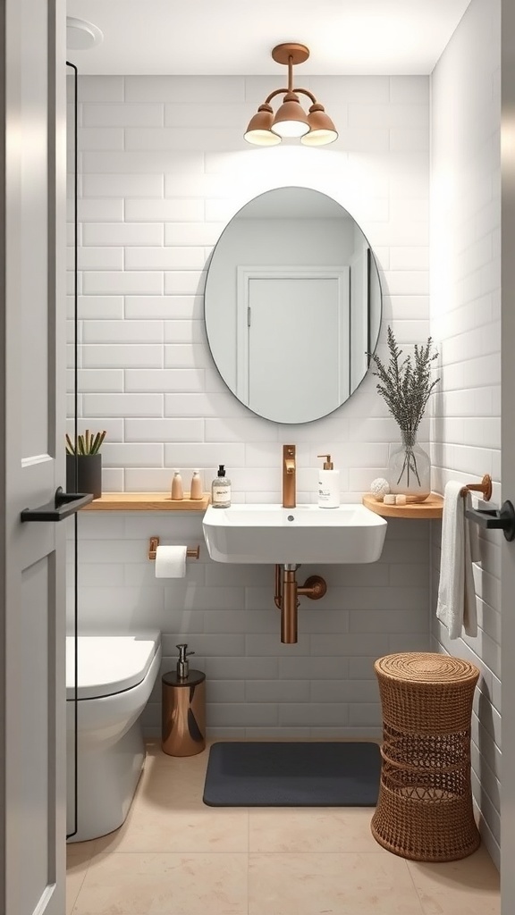 A modern minimalist small bathroom featuring sleek fixtures, a round mirror, and warm copper accents.