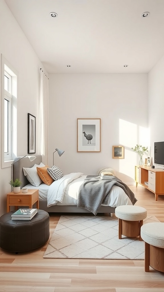 A modern teen girl bedroom featuring sleek furniture, a cozy bed, and a minimalist design.