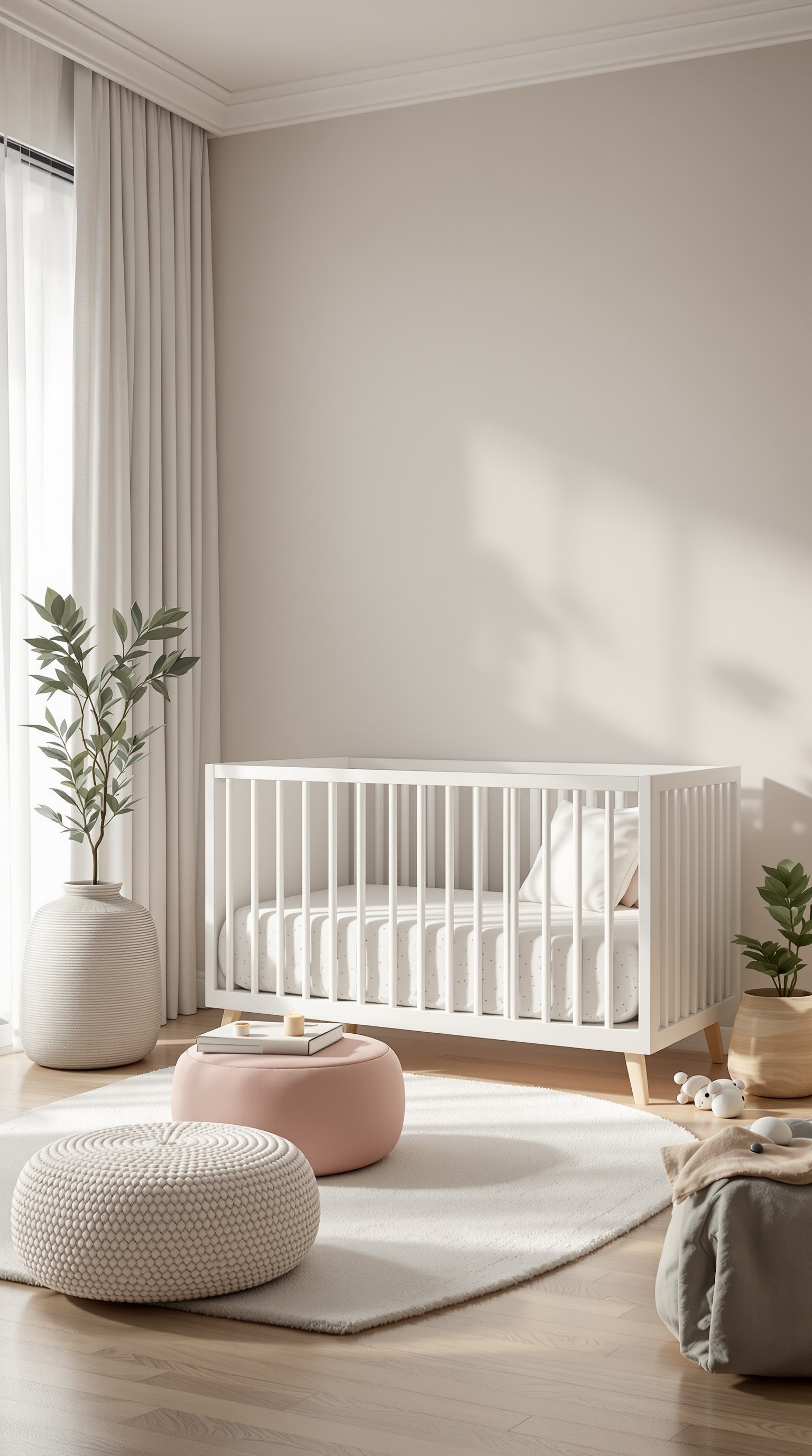 A modern baby room featuring a white crib, cozy poufs, and plants, all in a soft color palette.