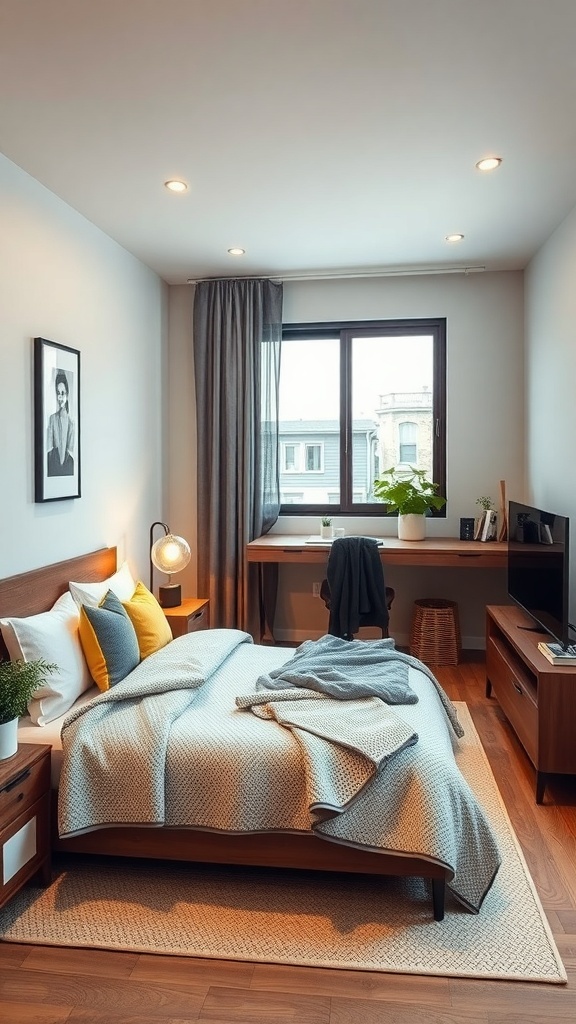 A small, modern teen boy's bedroom featuring a cozy bed, stylish nightstand, and a sleek desk by the window.