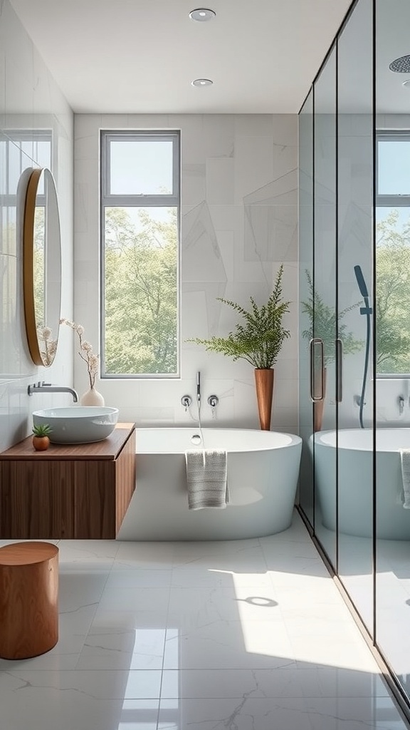 A modern bathroom featuring sleek glass panels, a freestanding bathtub, and wooden accents.