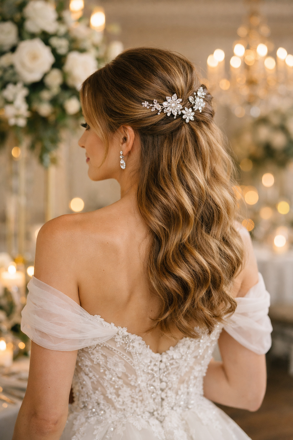 A sleek half-up hairstyle adorned with crystal accents, featuring soft cascading waves in a wedding setting.