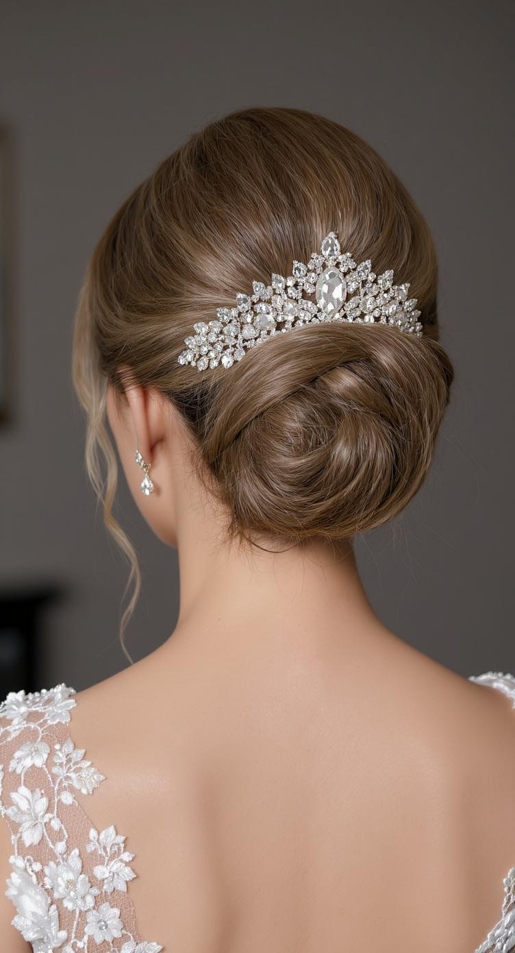 A bride with a sleek high bun hairstyle adorned with a crystal tiara, showcasing elegance and sophistication.