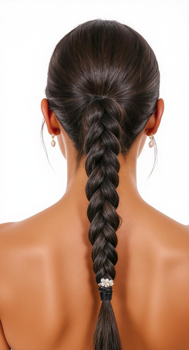 A sleek high ponytail with a braided detail, showcasing a polished hairstyle perfect for a wedding.