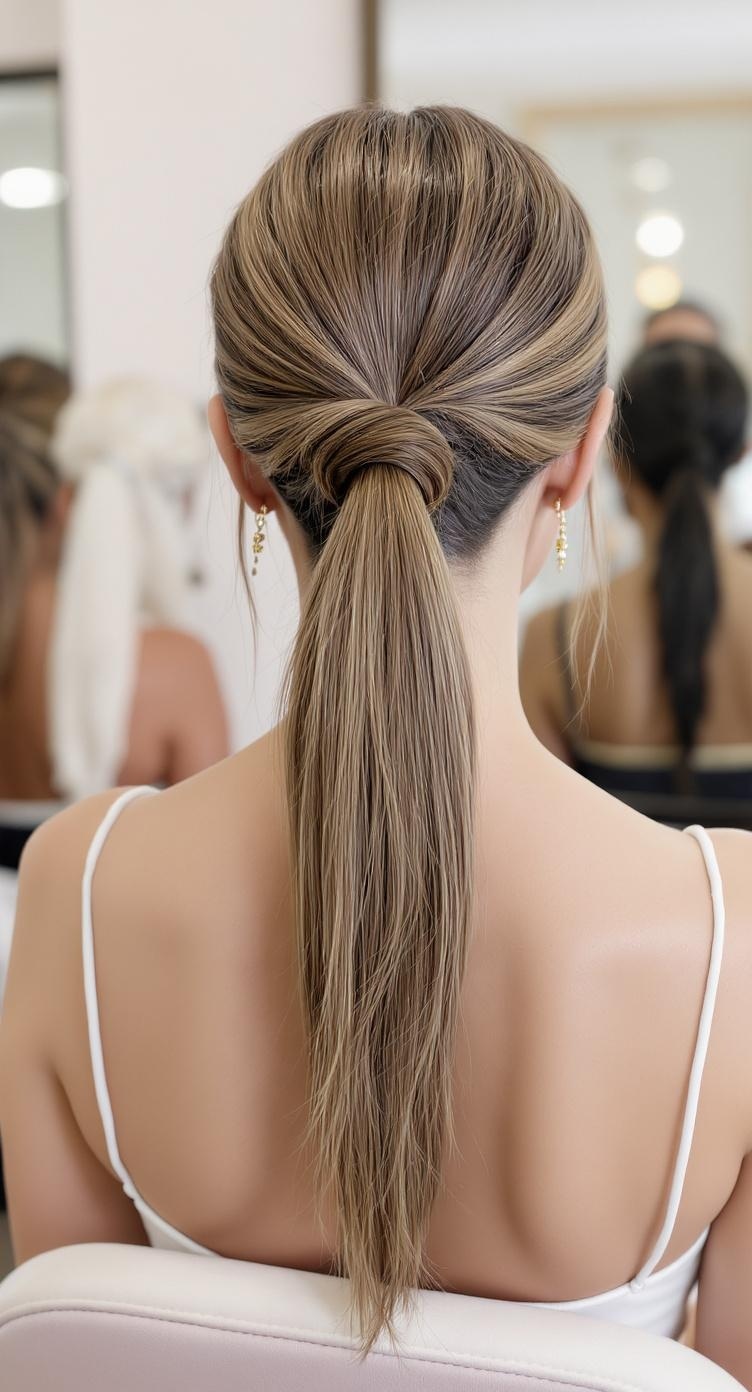 A sleek high ponytail with volume, featuring a twist at the base, perfect for a bridesmaid hairstyle.