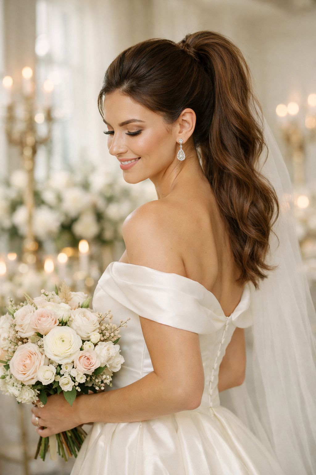 Woman with a sleek high ponytail holding a bouquet, wearing elegant earrings and a wedding dress.