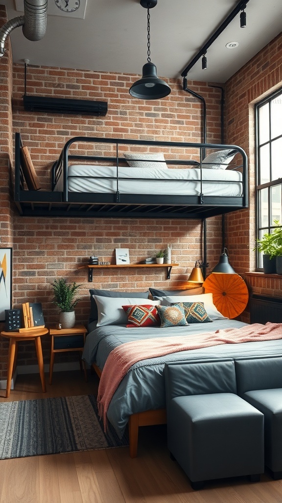 A stylish industrial bedroom featuring a lofted bed, exposed brick wall, and modern decor.