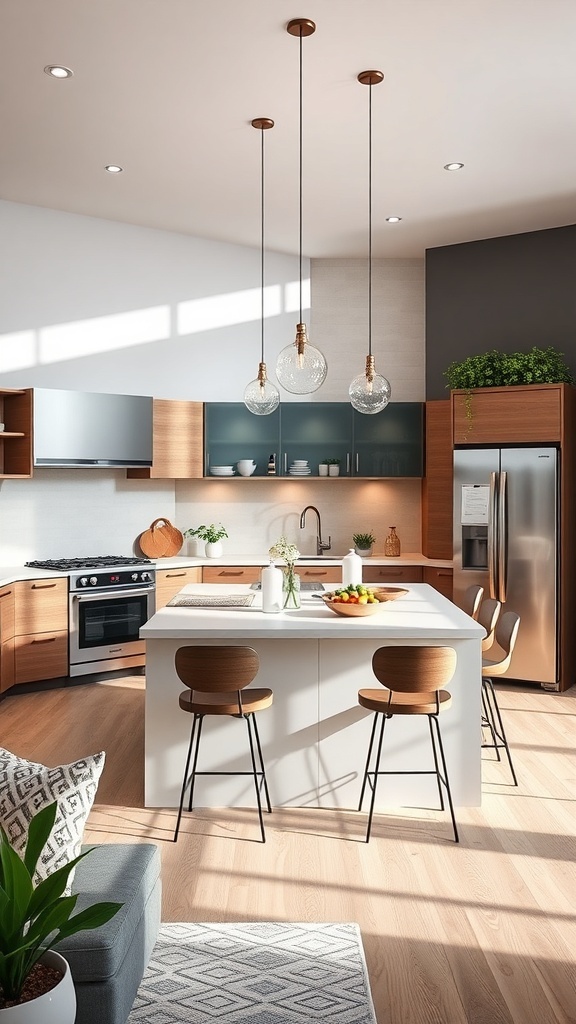 Modern kitchen with island, high-end appliances, and stylish decor.