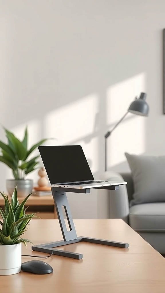 A sleek laptop stand on a desk with a laptop, mouse, and plants in a cozy workspace.