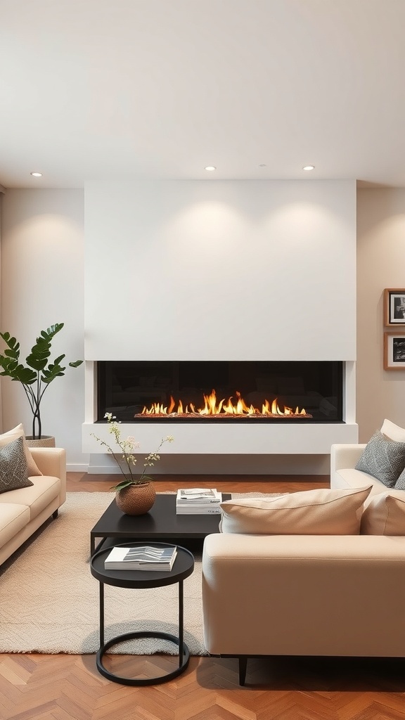 A modern living room featuring a sleek linear fireplace with flames, light-colored sofas, and a dark coffee table.