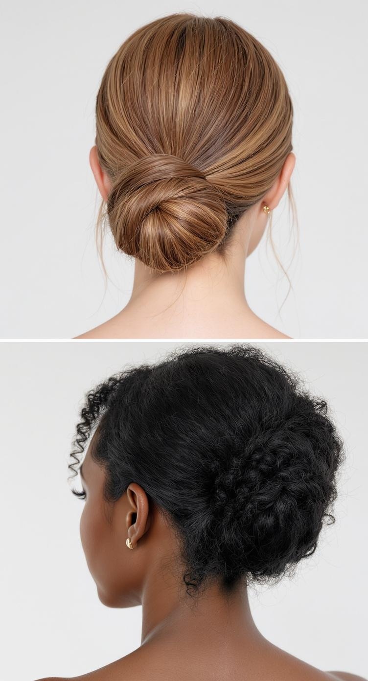 Two variations of a sleek low bun hairstyle, one smooth and polished, the other textured and playful.