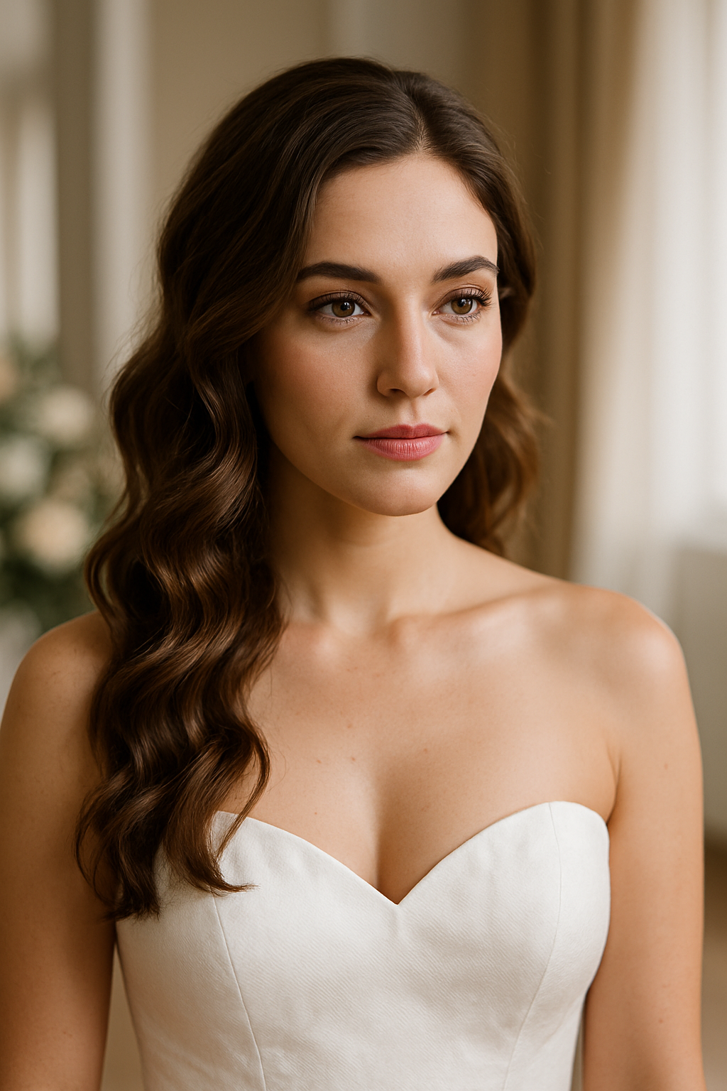 Bride with a sleek low bun hairstyle, wearing a strapless wedding dress, showcasing a polished and elegant look.