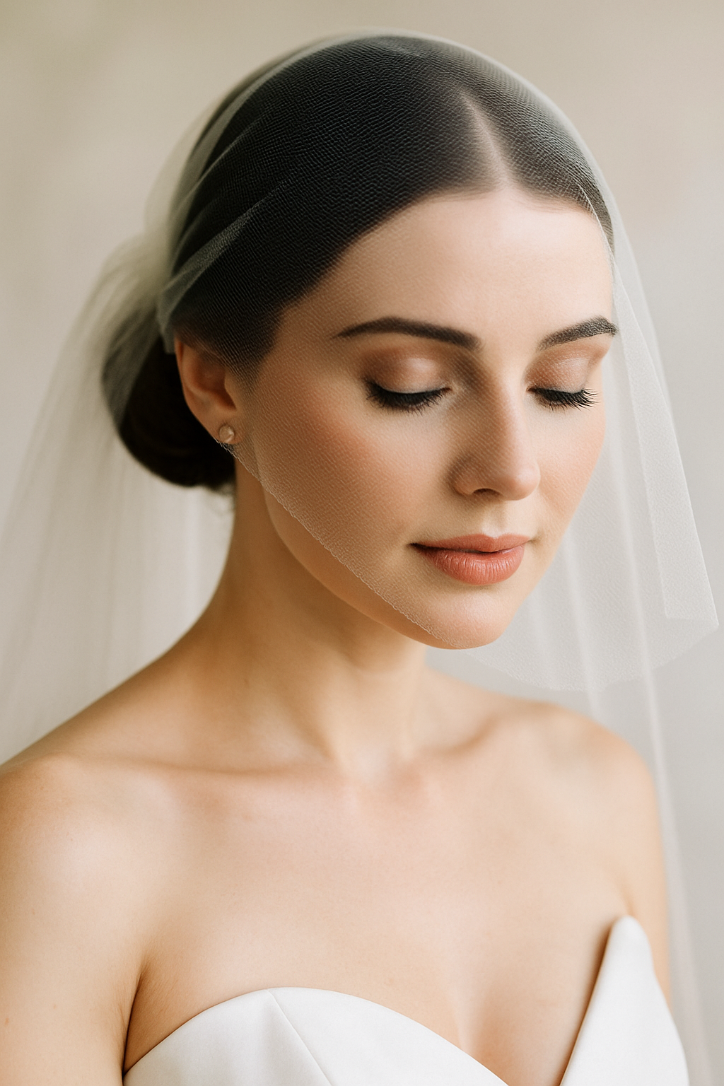 Bride with sleek low bun hairstyle and blusher veil