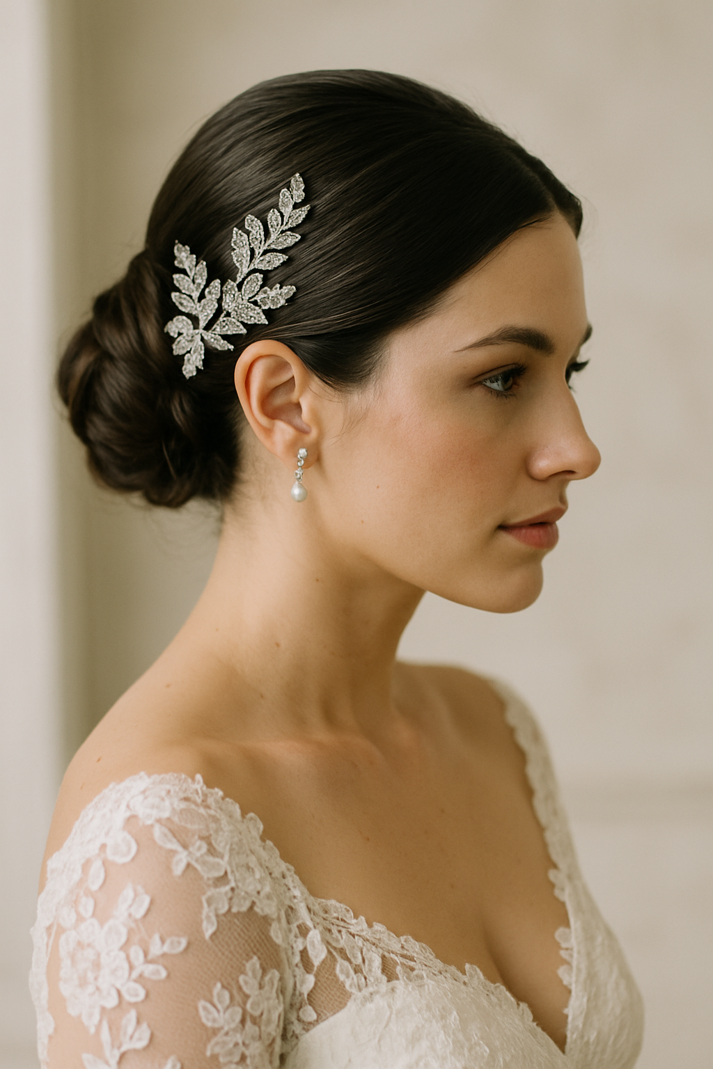 Bride with a sleek low bun hairstyle adorned with a decorative hair accessory
