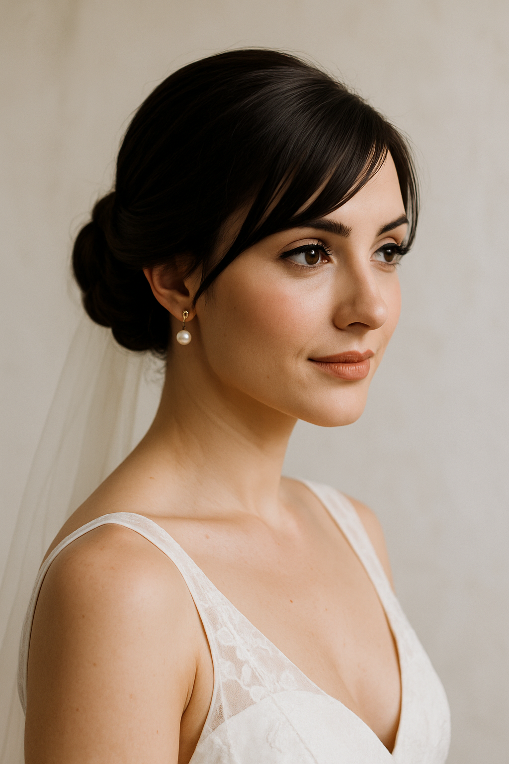 A bride with a sleek low bun hairstyle and side bangs, wearing a simple wedding dress.