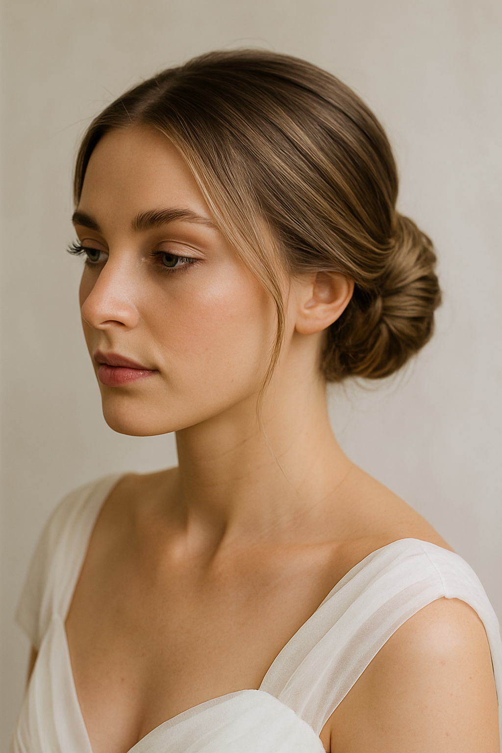 A woman with a sleek low bun hairstyle, showcasing textured details, wearing a simple wedding dress.