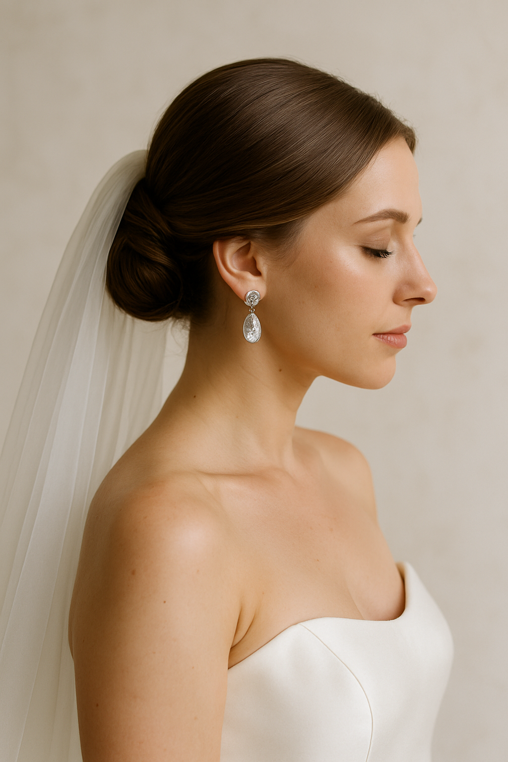 A bride with a sleek low bun hairstyle and elegant earrings, wearing a veil.
